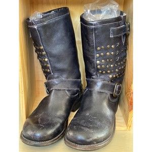 Bed|Stü Cobbler Series Navy Leather Whacky Stud Engineer Boot Size 7 Distressed